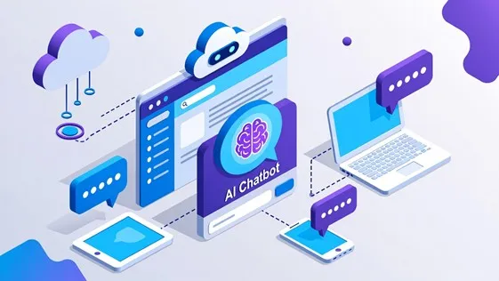 An isometric illustration showing an "AI Chatbot" interface connected to various devices, cloud storage, and speech bubbles.