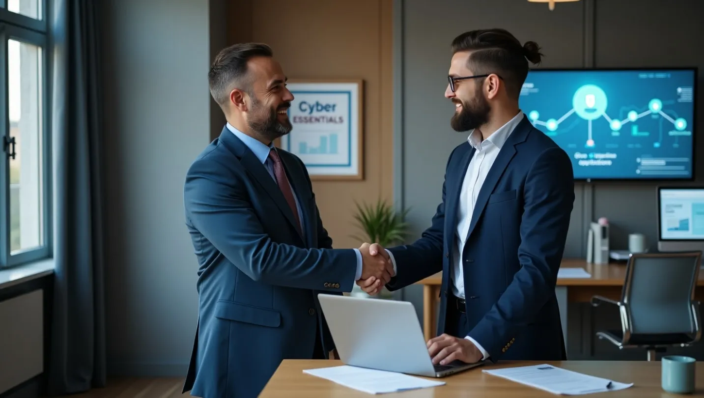 Two professional men in suits shaking hands in a bright office with a "Cyber Essentials" sign in the background.