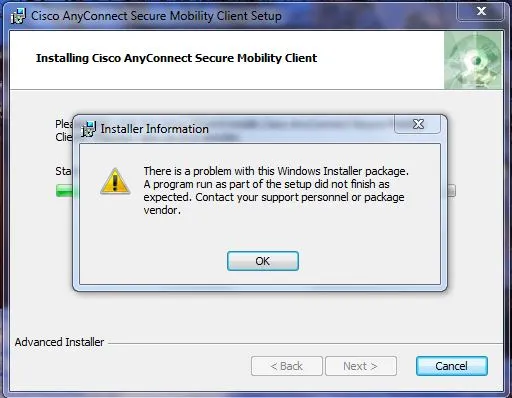A Cisco AnyConnect installer window displaying a "There is a problem with this Windows Installer package" error.