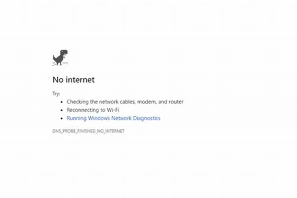 A Google Chrome "No internet" error page featuring the dinosaur icon and a list of troubleshooting tips.