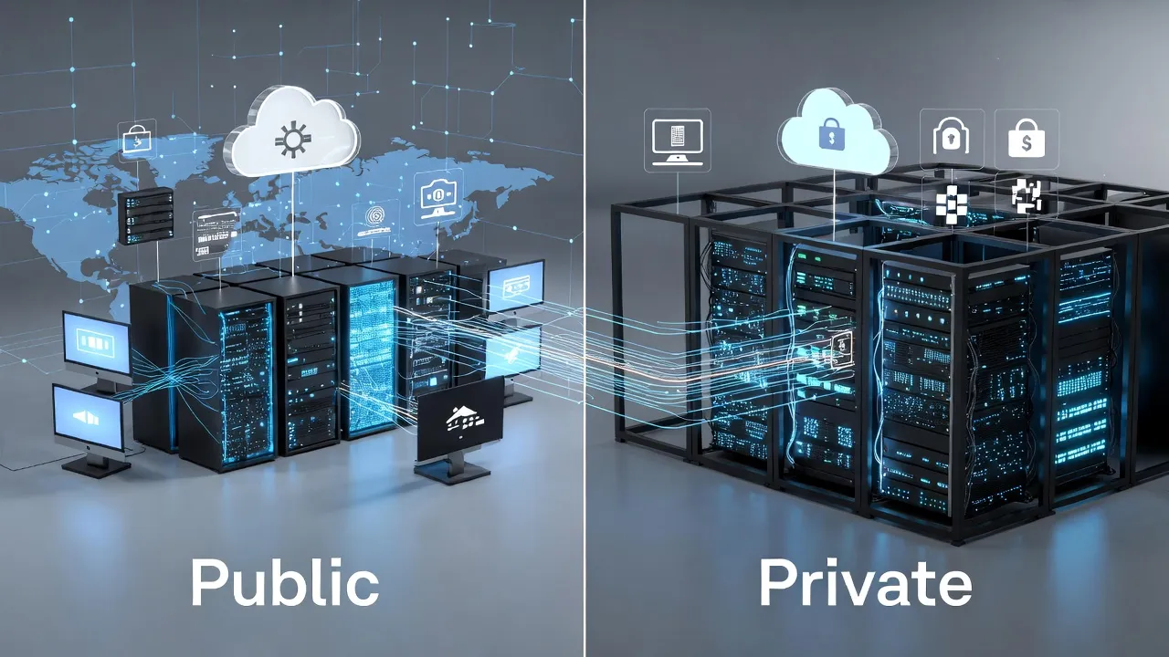 A side-by-side 3D comparison of a "Public" cloud with global connectivity and a "Private" cloud with local secure server racks.