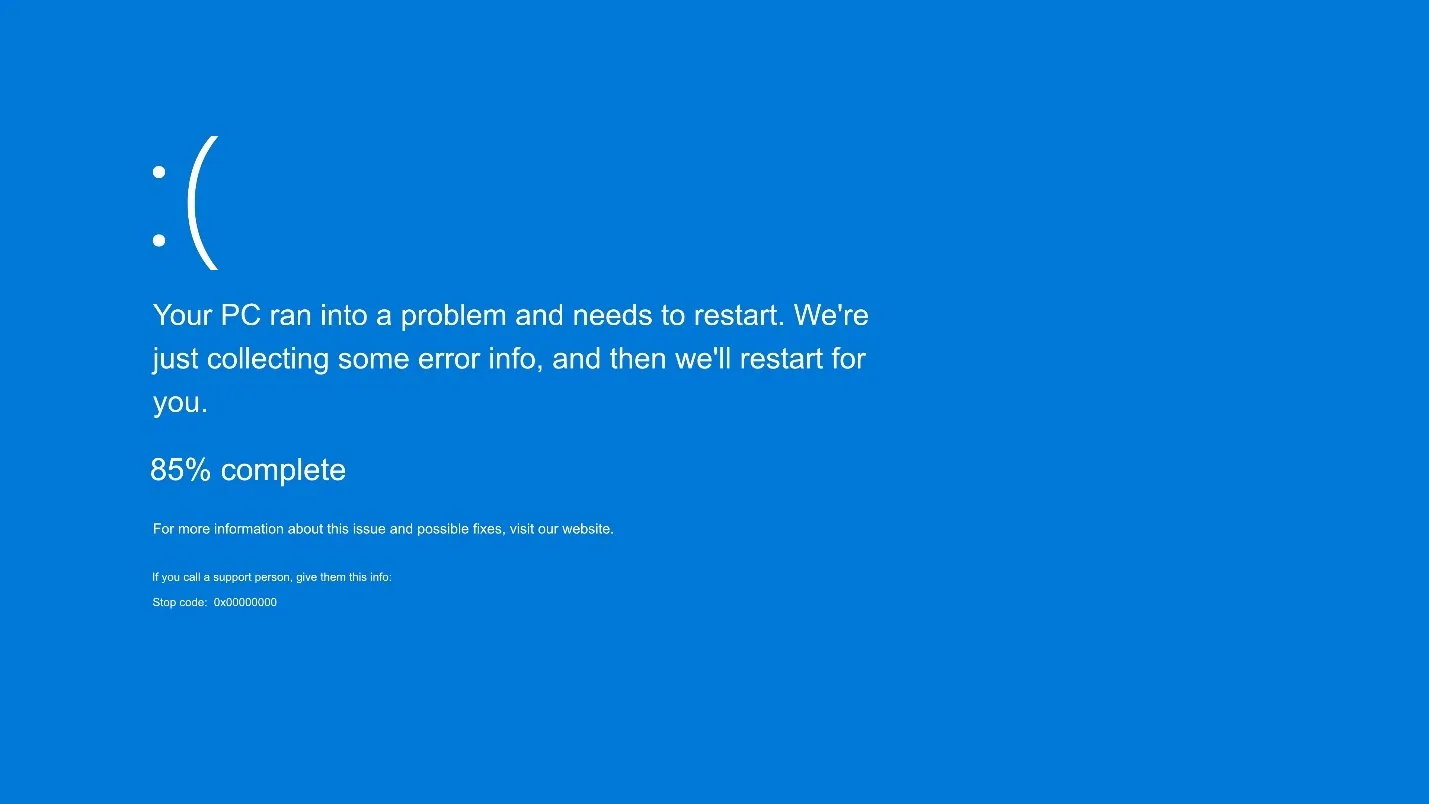 A light blue Windows error screen with a large sad face icon and the message "Your PC ran into a problem and needs to restart."