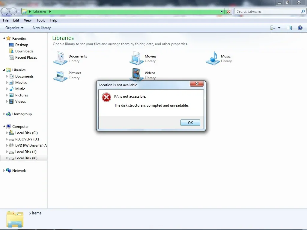 A Windows Explorer error message stating "Location is not available" and "The file or directory is corrupted and unreadable."
