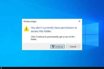 A WindowsApps dialog box showing a yellow warning icon and the message "You don't currently have permission to access this folder."