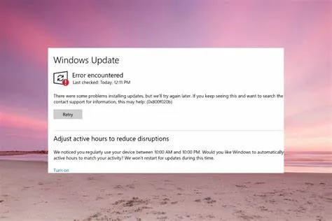 A screenshot of a Windows Update window showing an "Error encountered" message over a beach sunset background.